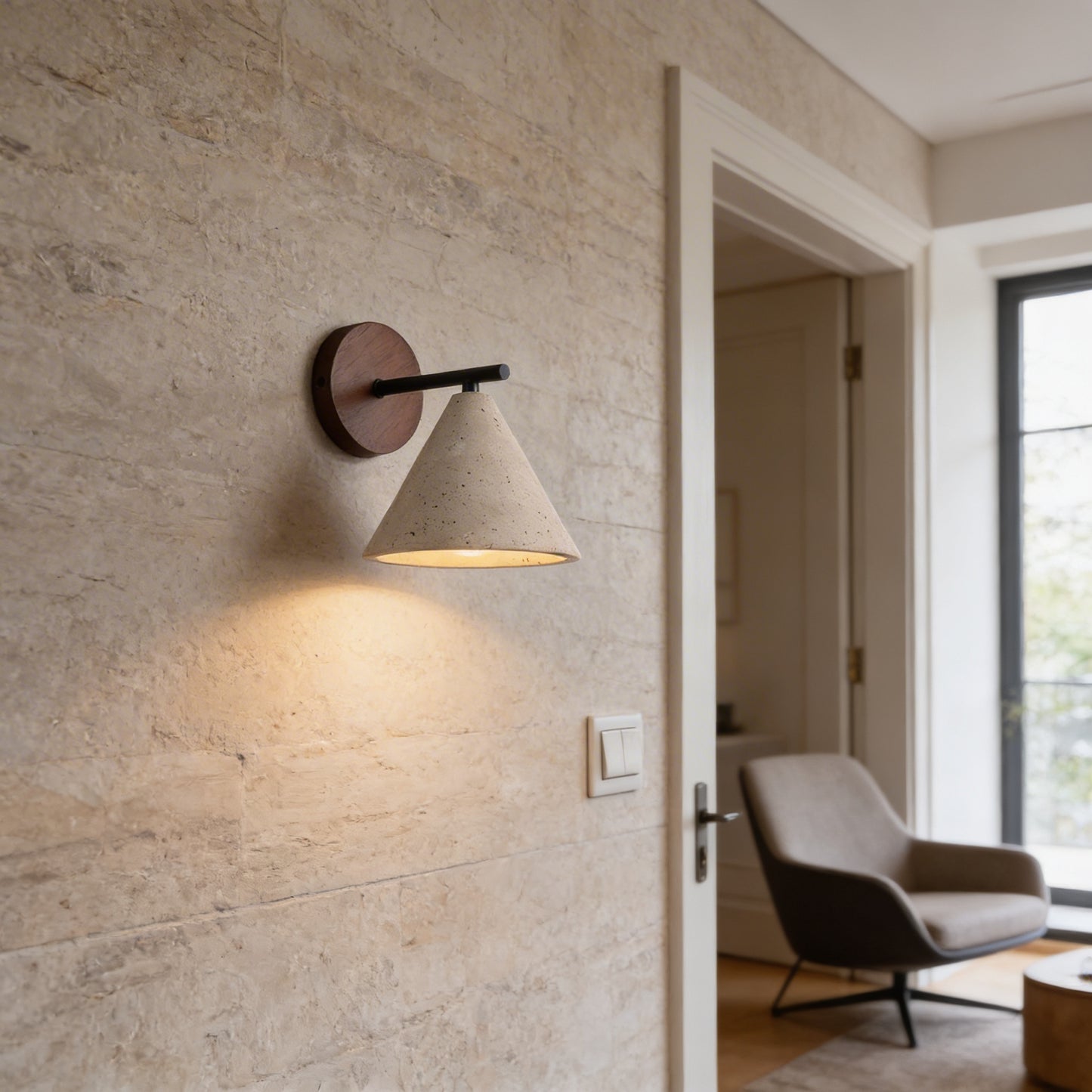 AURO Stavend | Sculptural Travertine Cone Wall Sconce