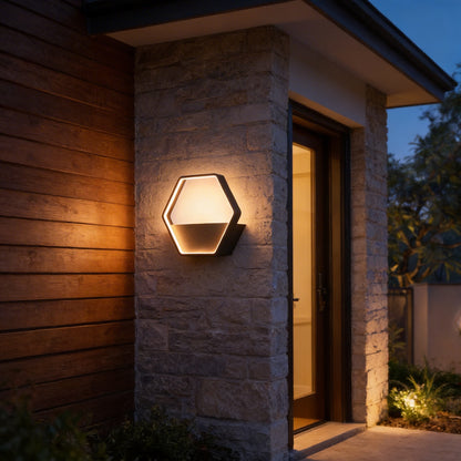 AURO Heks | Hexagonal Stainless Steel Outdoor Wall Lamp with Shelf