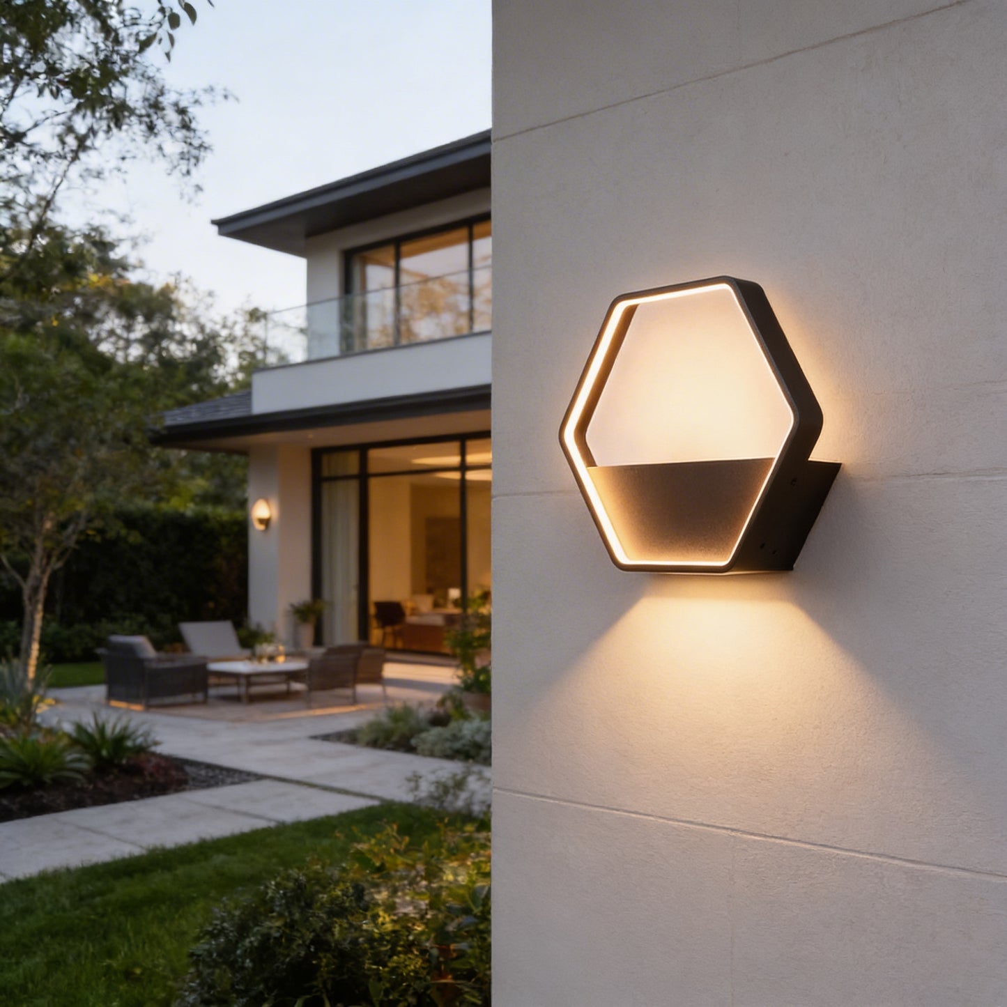 AURO Heks | Hexagonal Stainless Steel Outdoor Wall Lamp with Shelf