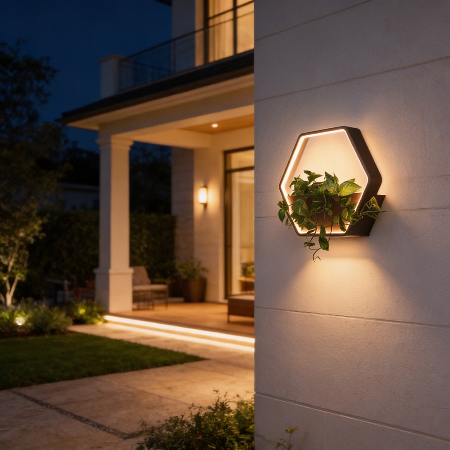 AURO Heks | Hexagonal Stainless Steel Outdoor Wall Lamp with Shelf