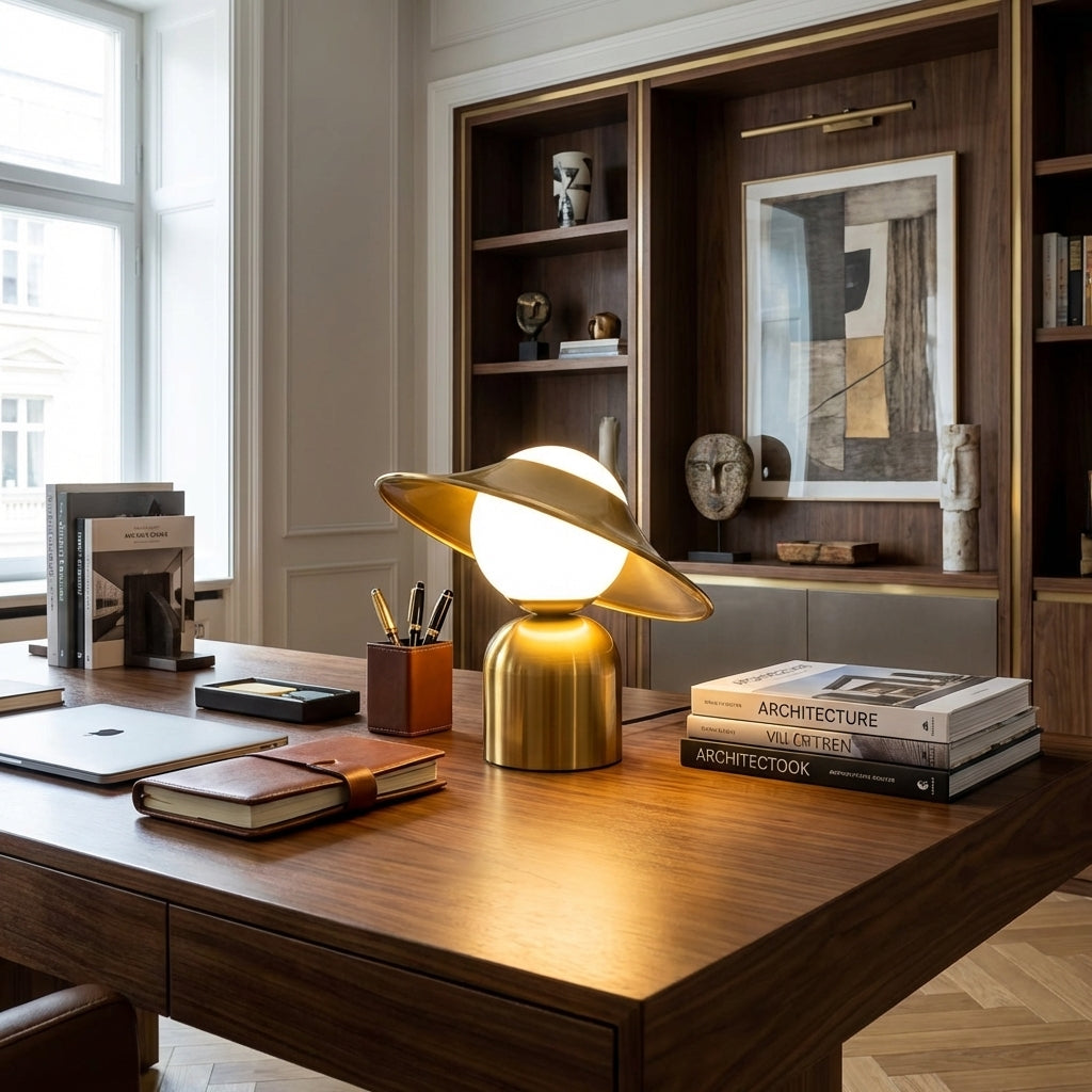 AURO Solstice | Gold Straw Hat Metal Table Lamp